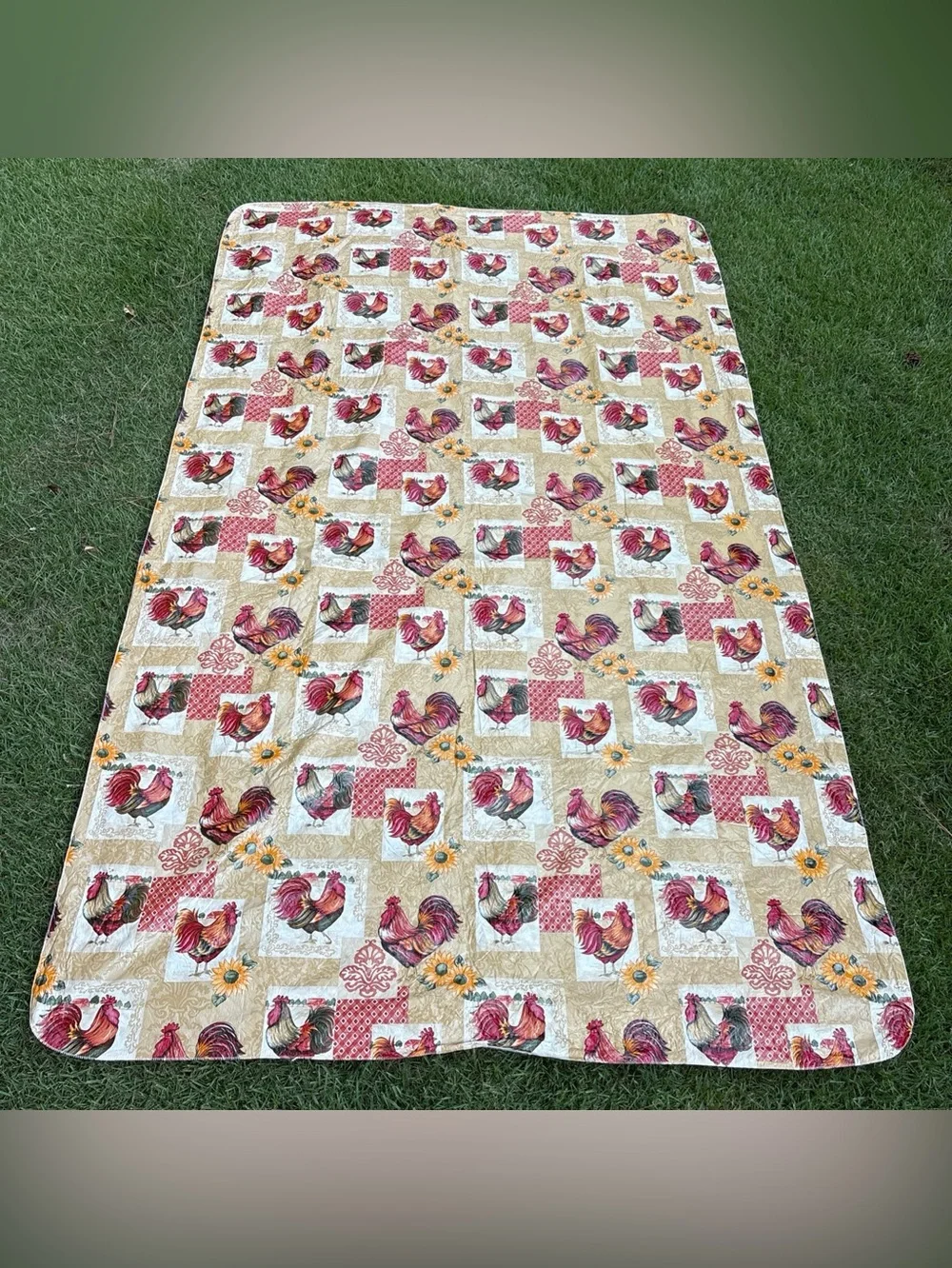 Chicken Rooster Tablecloth 99x58 Country Farmhouse Floral Vinyl Flannel Backing